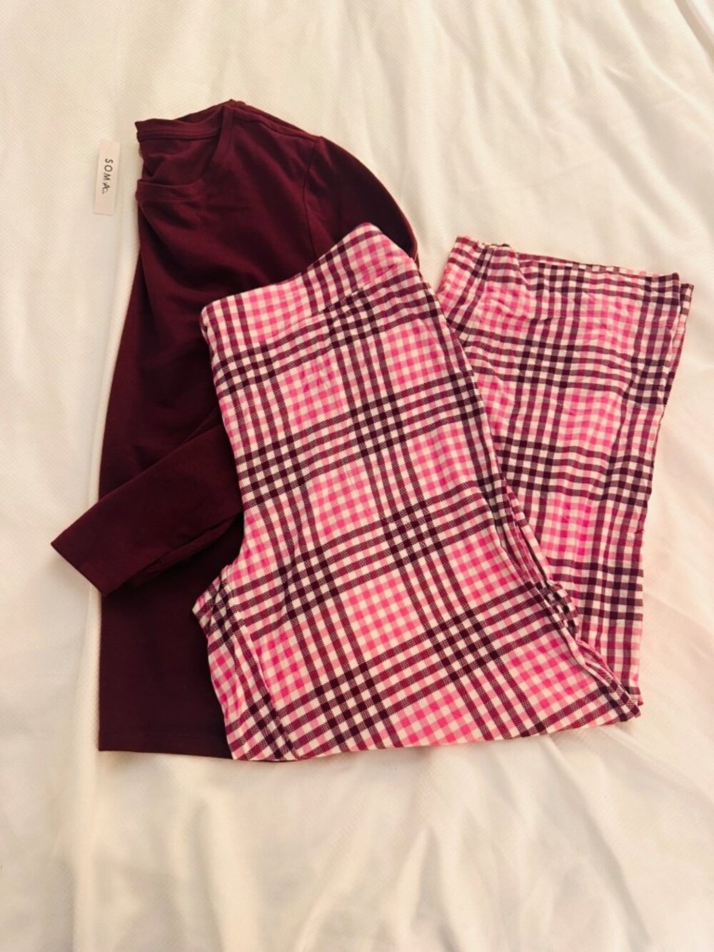 NEW Soma Womens Pajama Set Burgundy Top Cool Nights Pink Plaid Pants Size M Soft